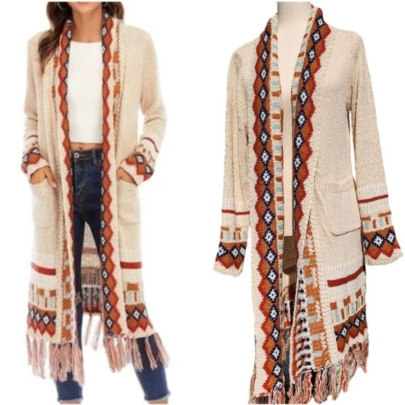 Sweaters - Womens Bohemian Knit Long Cardigan Jacket Sweater Beige With Pockets Size XL